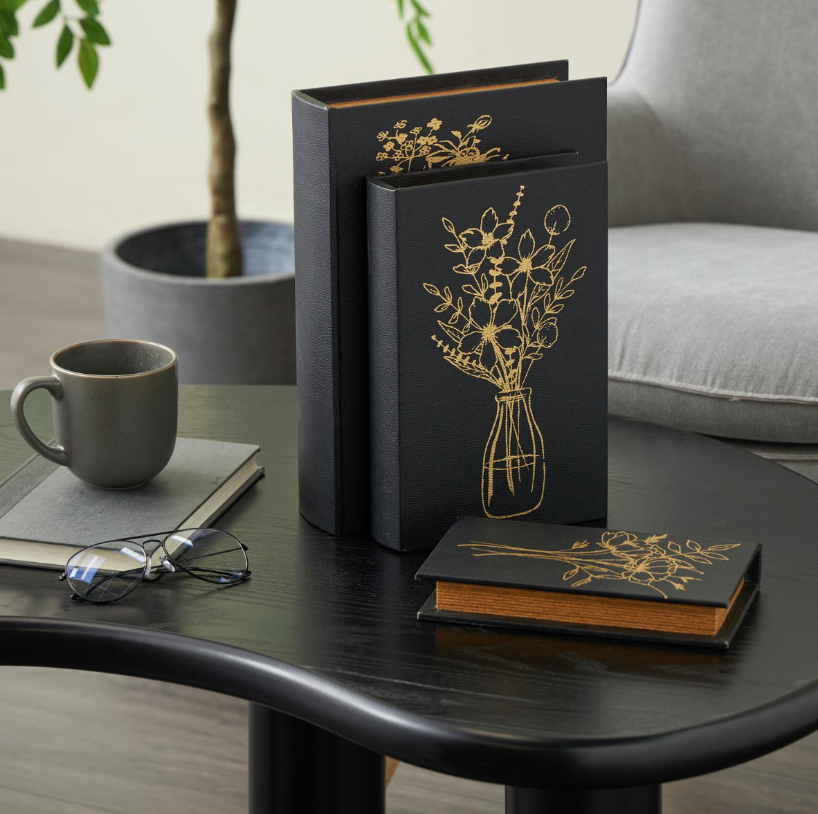 Black Faux Leather Floral Faux Book Decorative Box, Set of 3