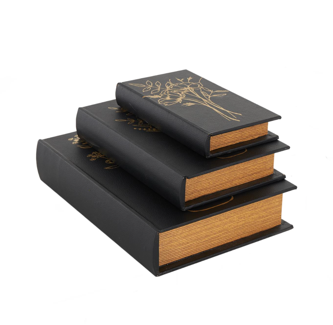 Black Faux Leather Floral Faux Book Decorative Box, Set of 3