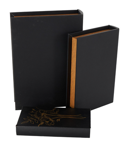 Black Faux Leather Floral Faux Book Decorative Box, Set of 3