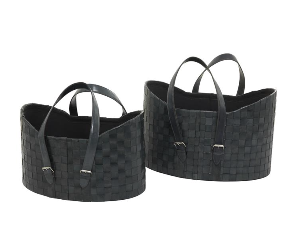 Leather Handmade Storage Basket with Handles, Set of 2