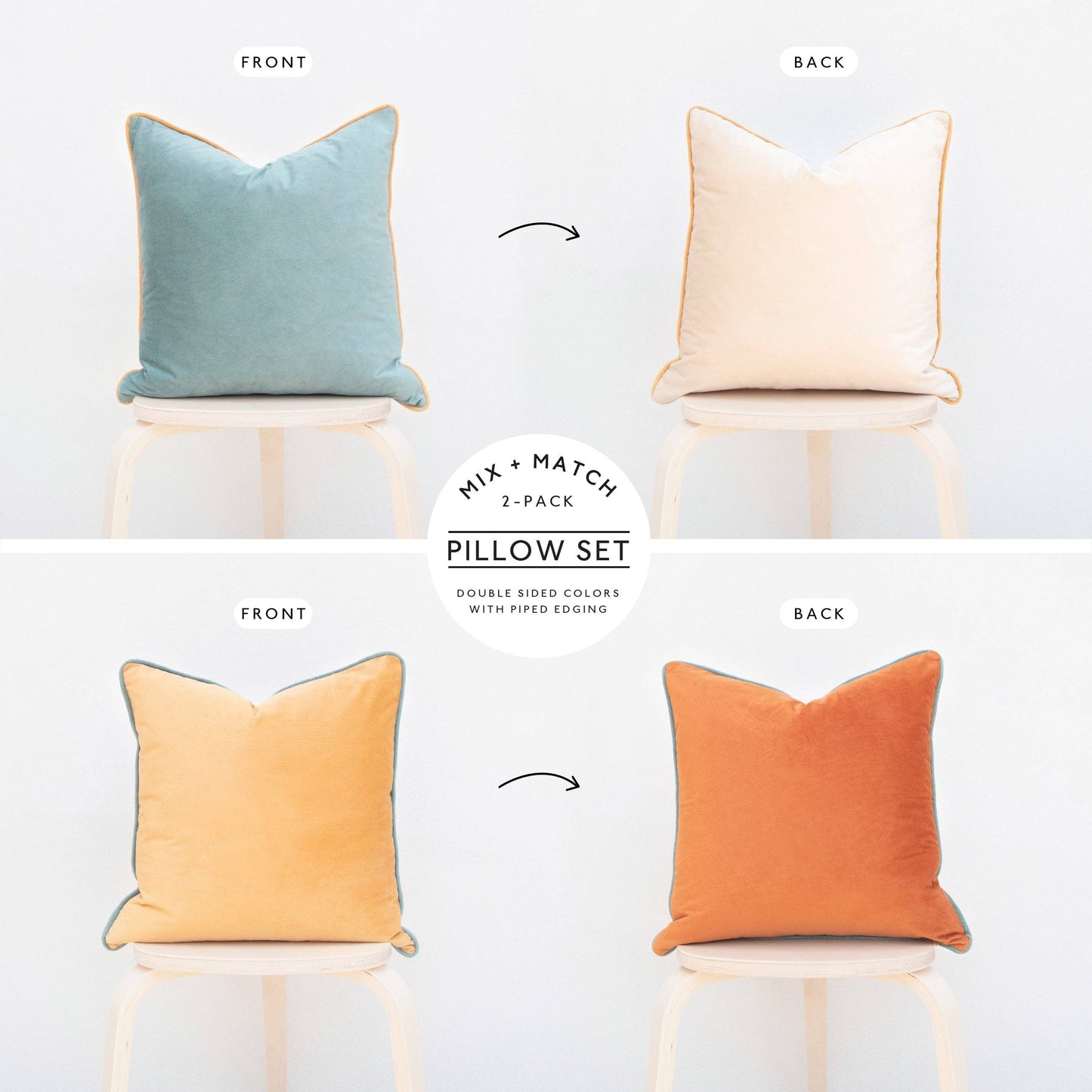 Set of four pillows showing front and back views with 'Mix & Match 2-Pack' text.