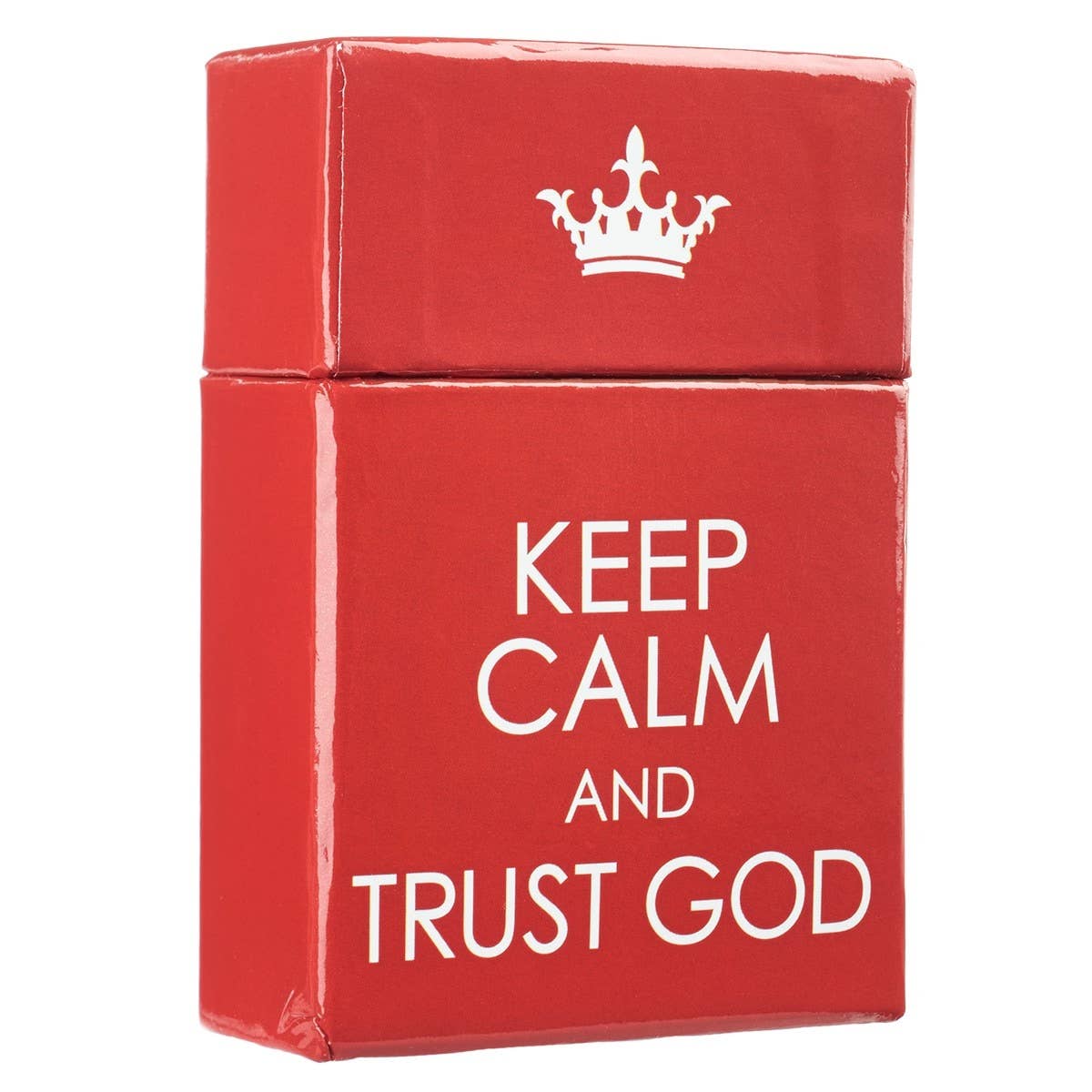 Red box with a white crown symbol and text 'Keep Calm and Trust God' on a white background