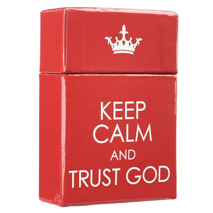 Red box with a white crown symbol and text 'Keep Calm and Trust God' on a white background