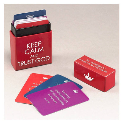 Set of inspirational cards with a red box labeled 'Keep Calm and Trust God' on a beige background.