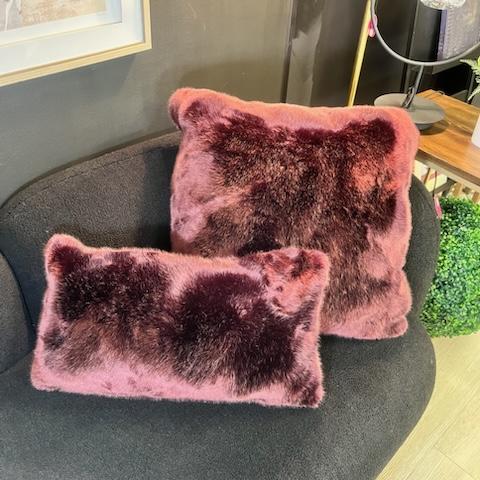 Set of two deep burgundy faux fur pillows