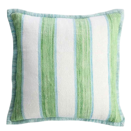 Striped pillow with green and blue pattern on a white background