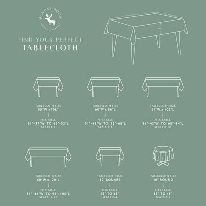 Tablecloth size chart with measurements and table illustrations on a green background