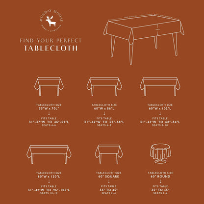Tablecloth size chart for various table dimensions on a brown background with Moxy Moose branding.