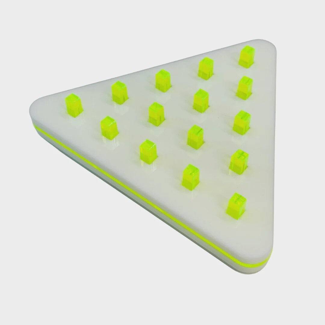 Triangular white board with green pegs on a light gray background