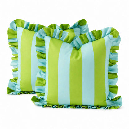 Two square decorative throw pillows with vertical lime green and light blue stripes and ruffled trim.
