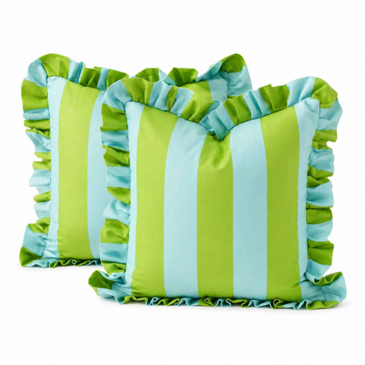 Two square decorative throw pillows with vertical lime green and light blue stripes and ruffled trim.
