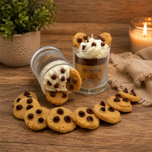 Two decorative candles styled like chocolate chip cookies in glass jars, with whipped cream and cookie pieces on top, arranged on a wooden surface with scattered cookies, a plant, and a lit candle in the background.