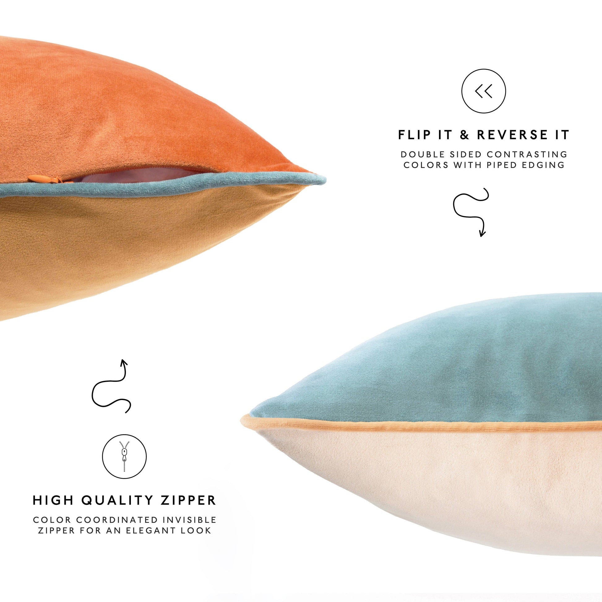 Two pillows with contrasting colors and a zipper on a white background