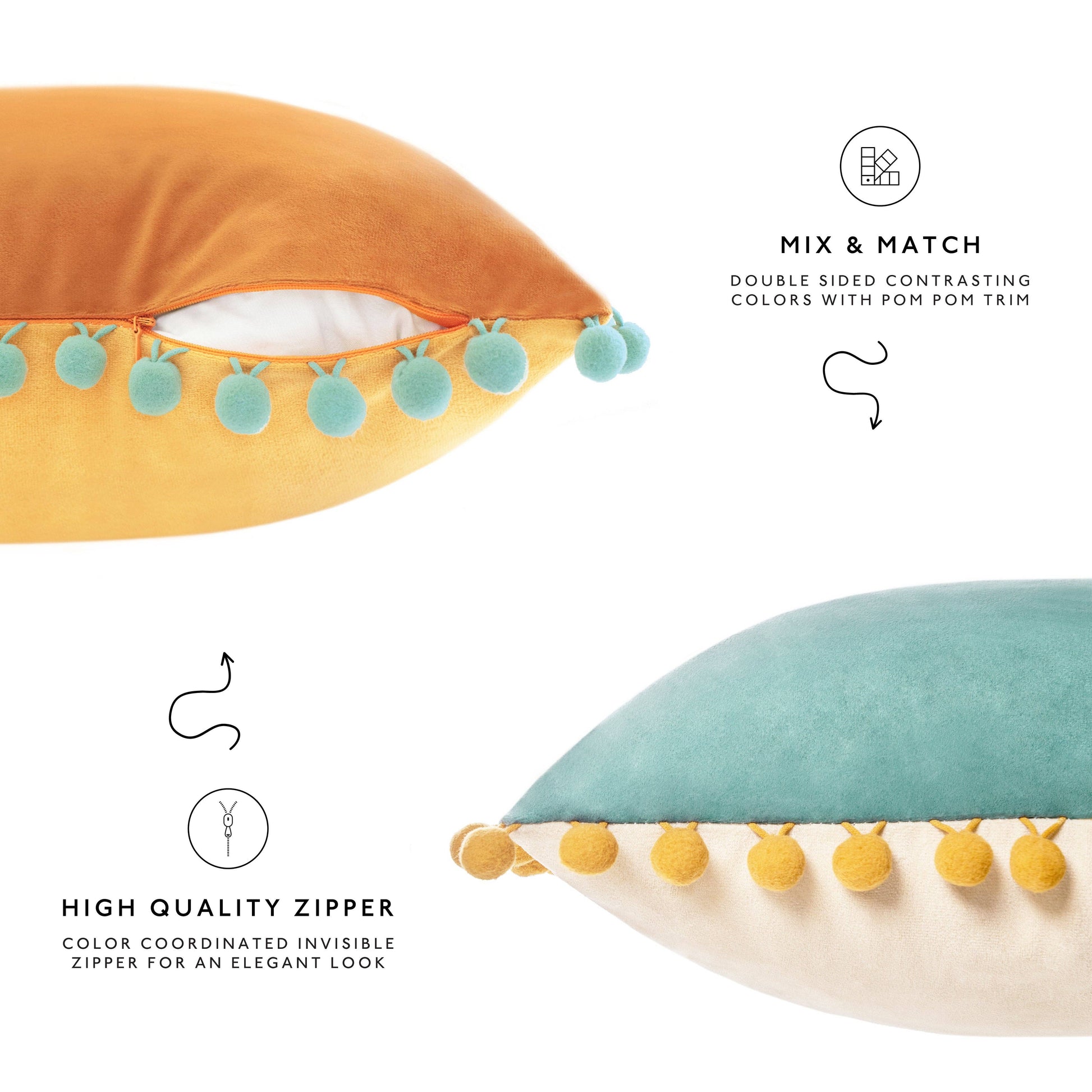 Two pillows with pom-pom trim on a white background, featuring text about mix-and-match design and high-quality zipper.
