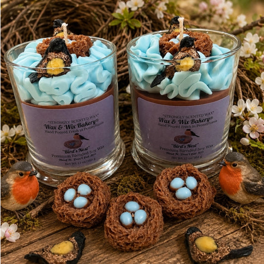 Two scented candles styled like bird nests in glass jars, with light blue frosting-like wax, brown wax layers, and bird decorations, set on a rustic wooden surface with small birds and nests props.