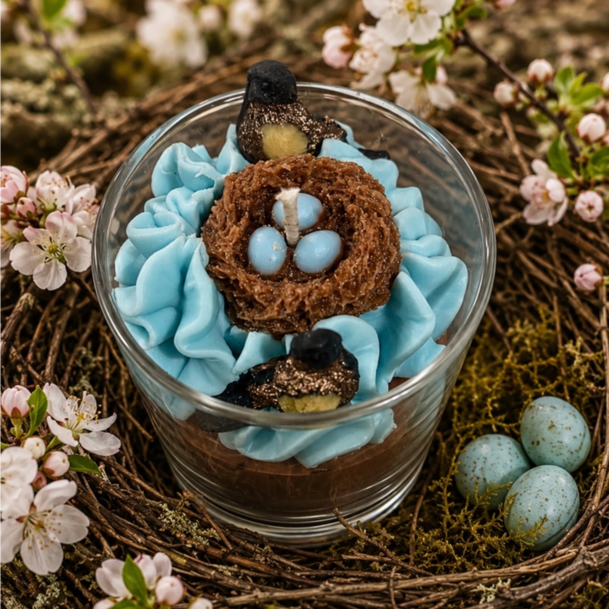 A decorative bird-themed candle in a clear glass jar, filled with light blue ruffled wax and topped with a brown nest, three pale blue eggs, and two small black-and-yellow birds. The candle is styled in a rustic woven basket with pink blossoms and blue eggs around it.
