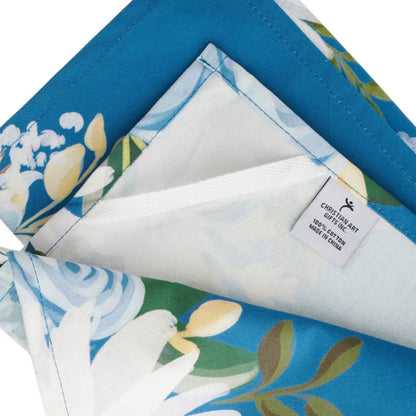 Floral patterned fabric with a visible brand label on a white background