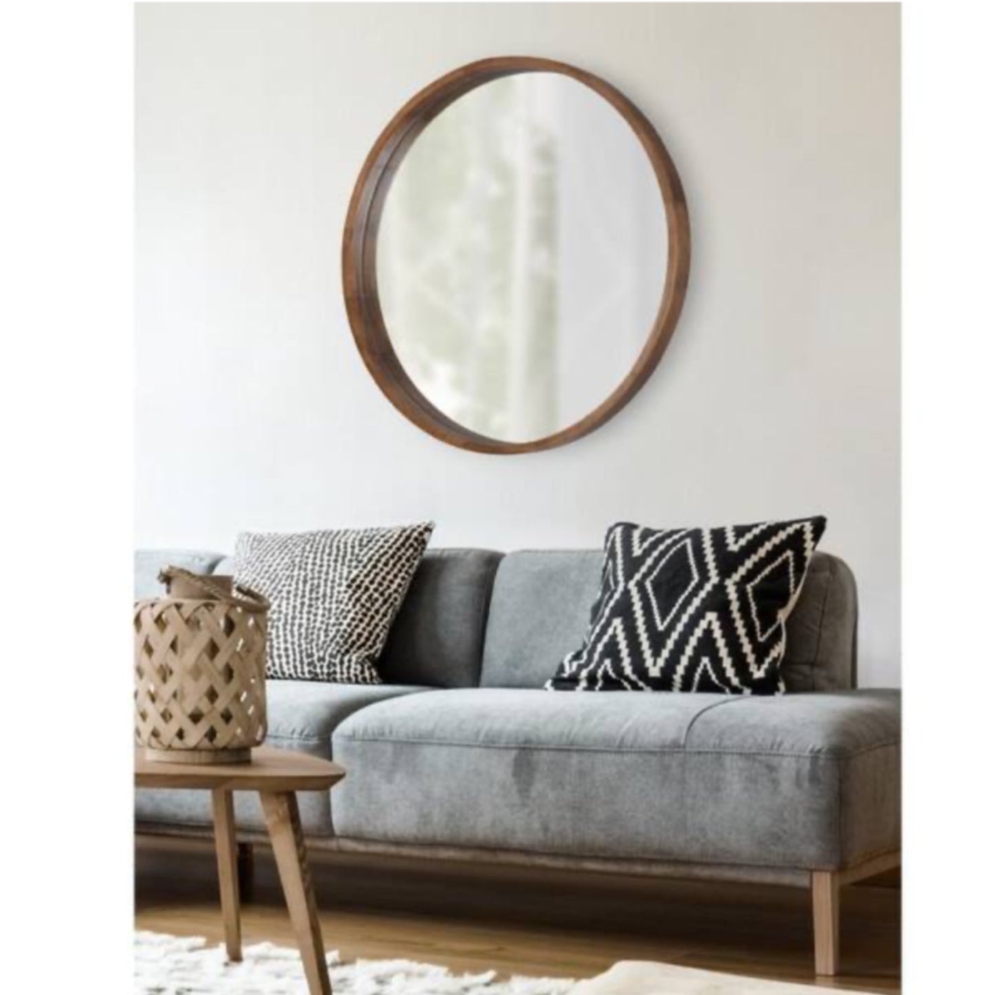 Round wood framed mirror