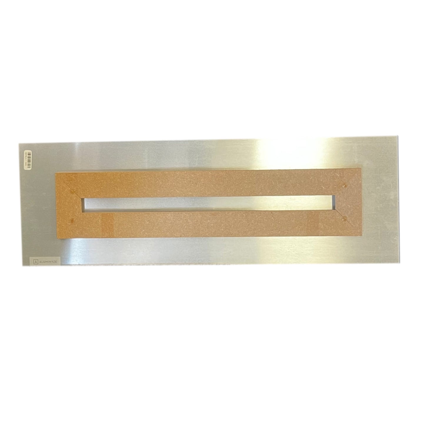 Metallic rectangular object with a central cutout on a white background