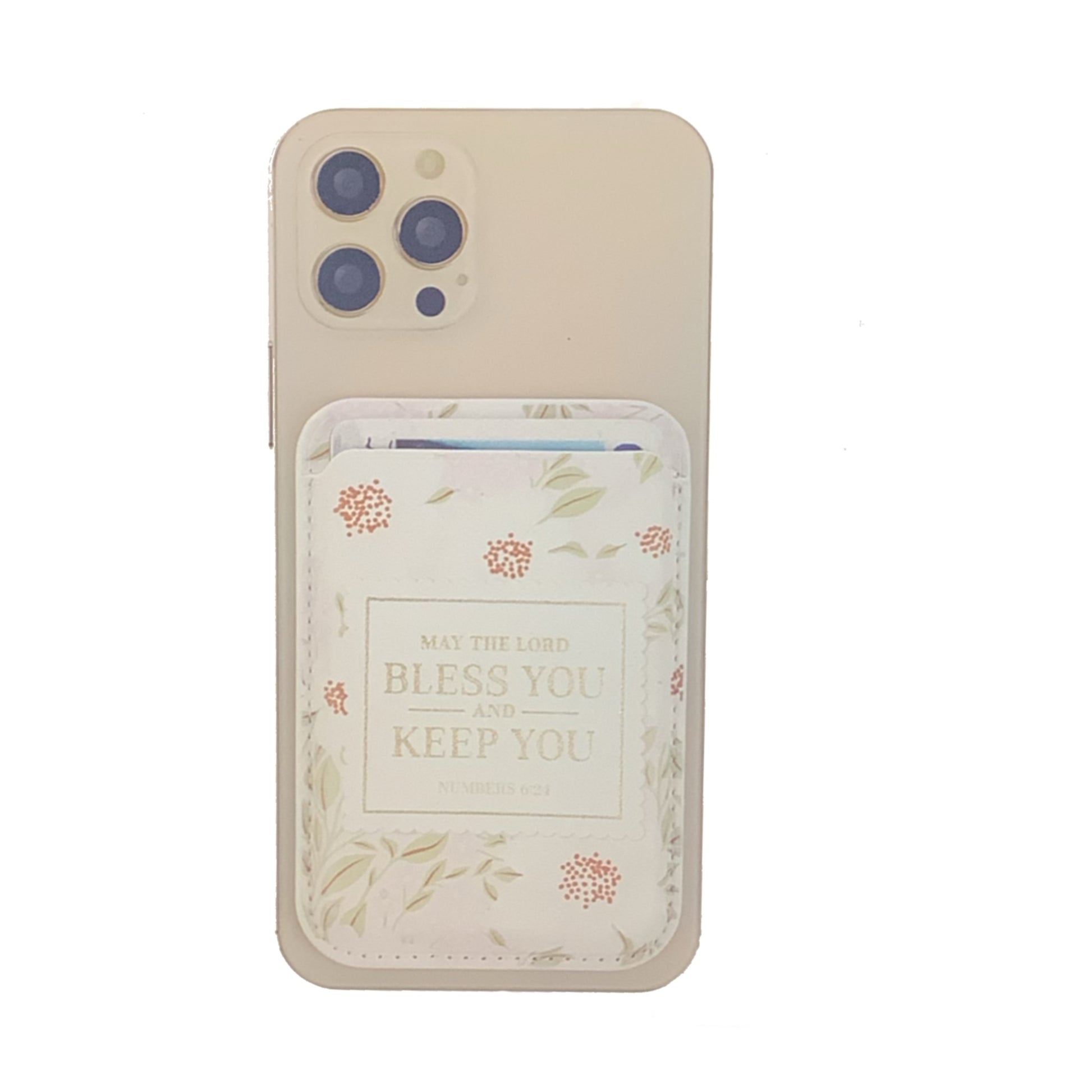 Phone case with a card holder and floral design on a white background