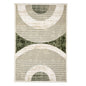Geometric patterned rug with arches in green and beige on a white background