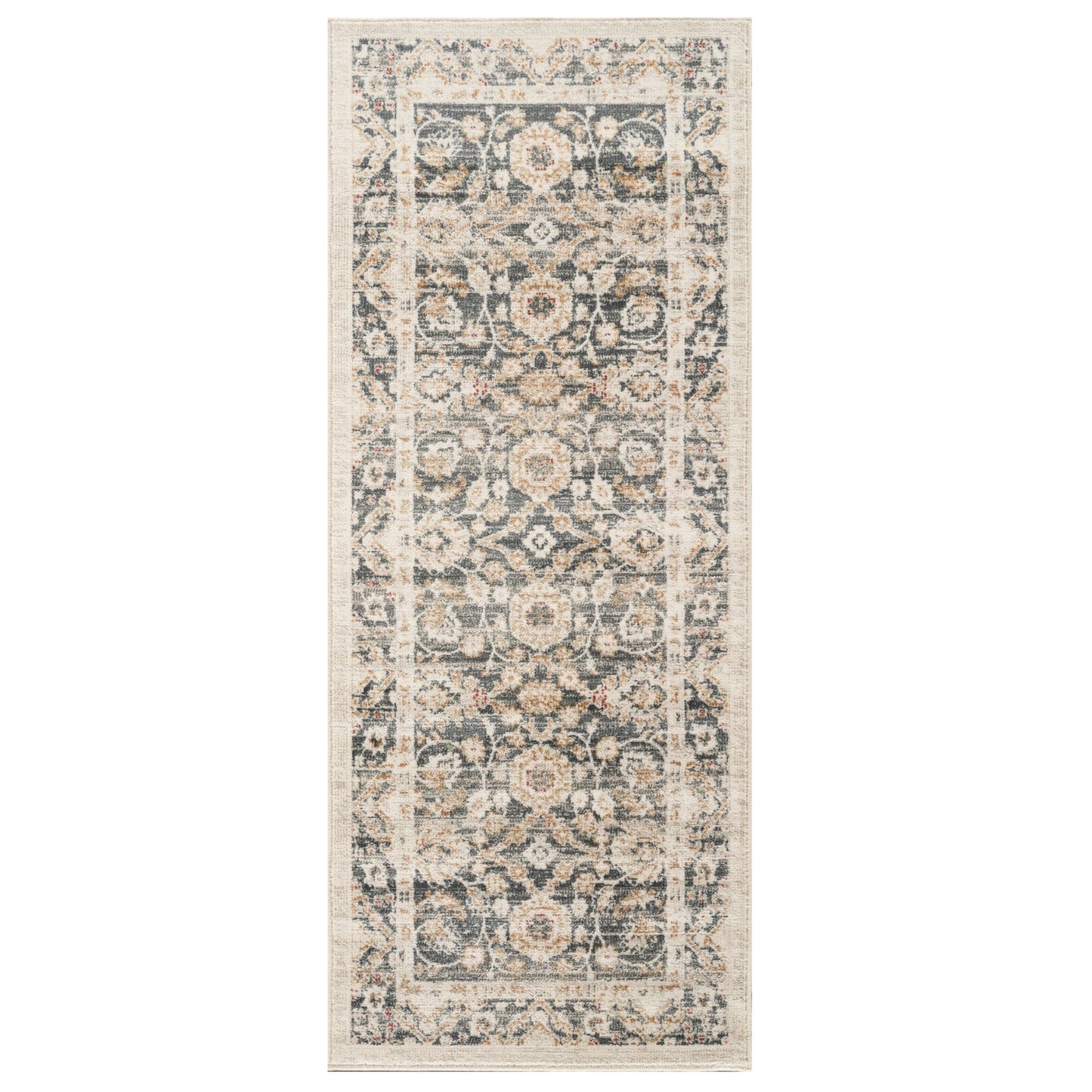 A traditional runner rug with a distressed, vintage-style floral pattern in beige, gray, and muted blue tones, shown flat against a plain white background.