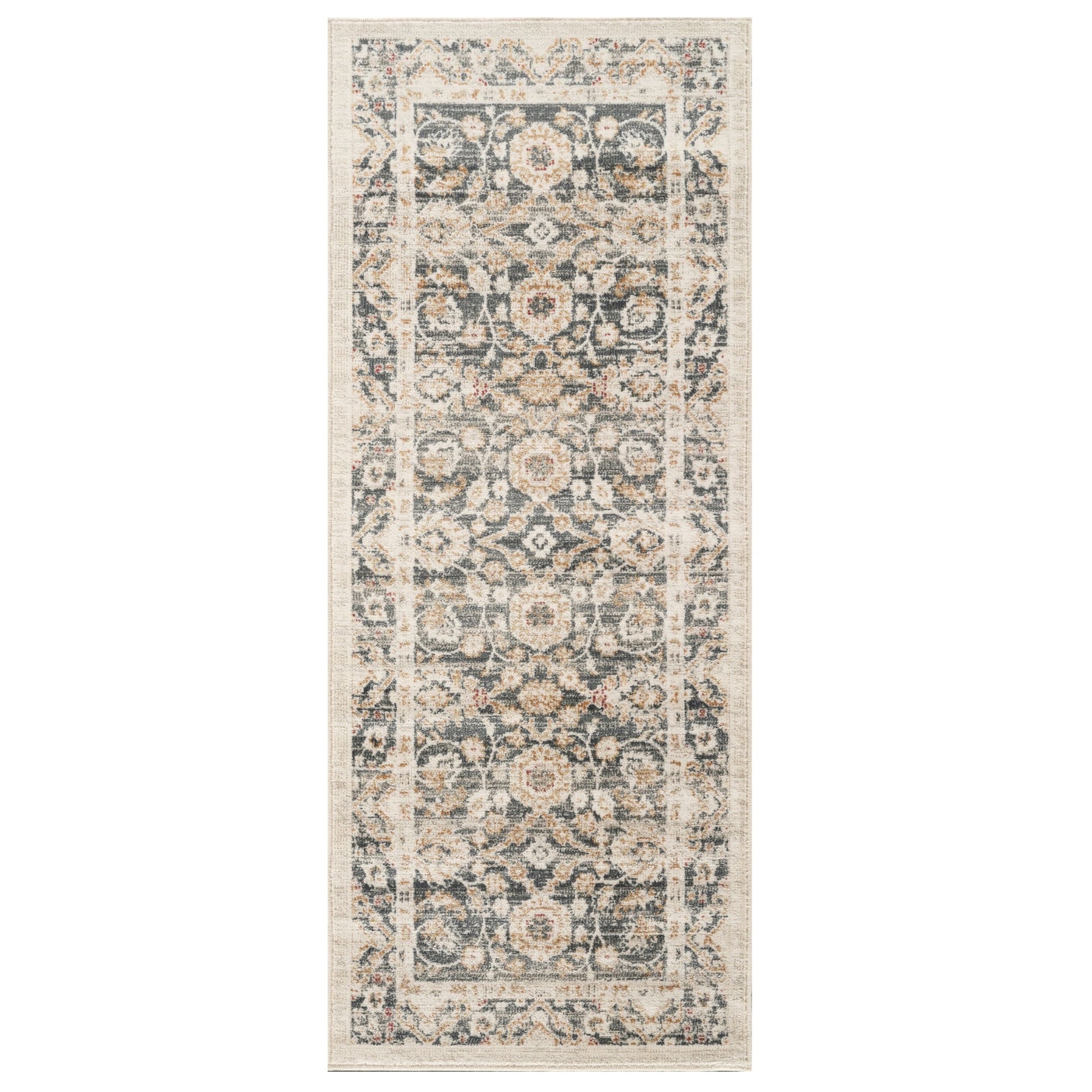 A traditional runner rug with a distressed, vintage-style floral pattern in beige, gray, and muted blue tones, shown flat against a plain white background.