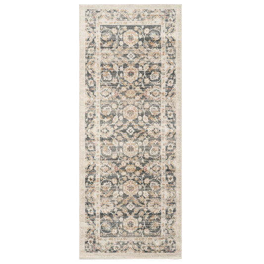 A traditional runner rug with a distressed, vintage-style floral pattern in beige, gray, and muted blue tones, shown flat against a plain white background.