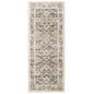 A traditional runner rug with a distressed, vintage-style floral pattern in beige, gray, and muted blue tones, shown flat against a plain white background.