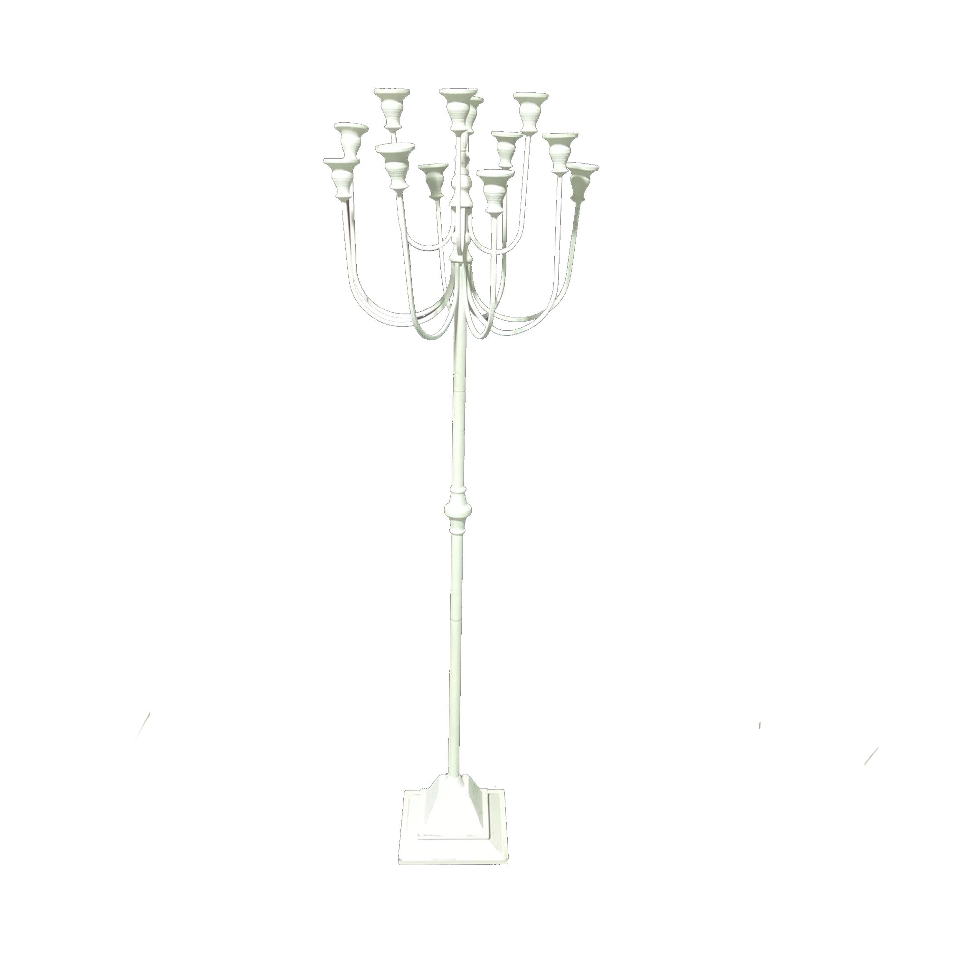 White candelabra with multiple candle holders.
