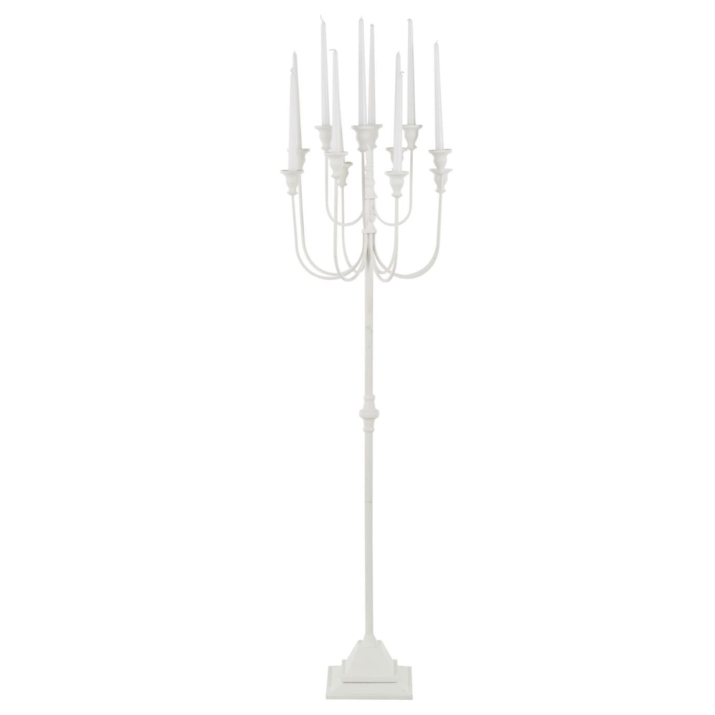 White candelabra with multiple candle holders.