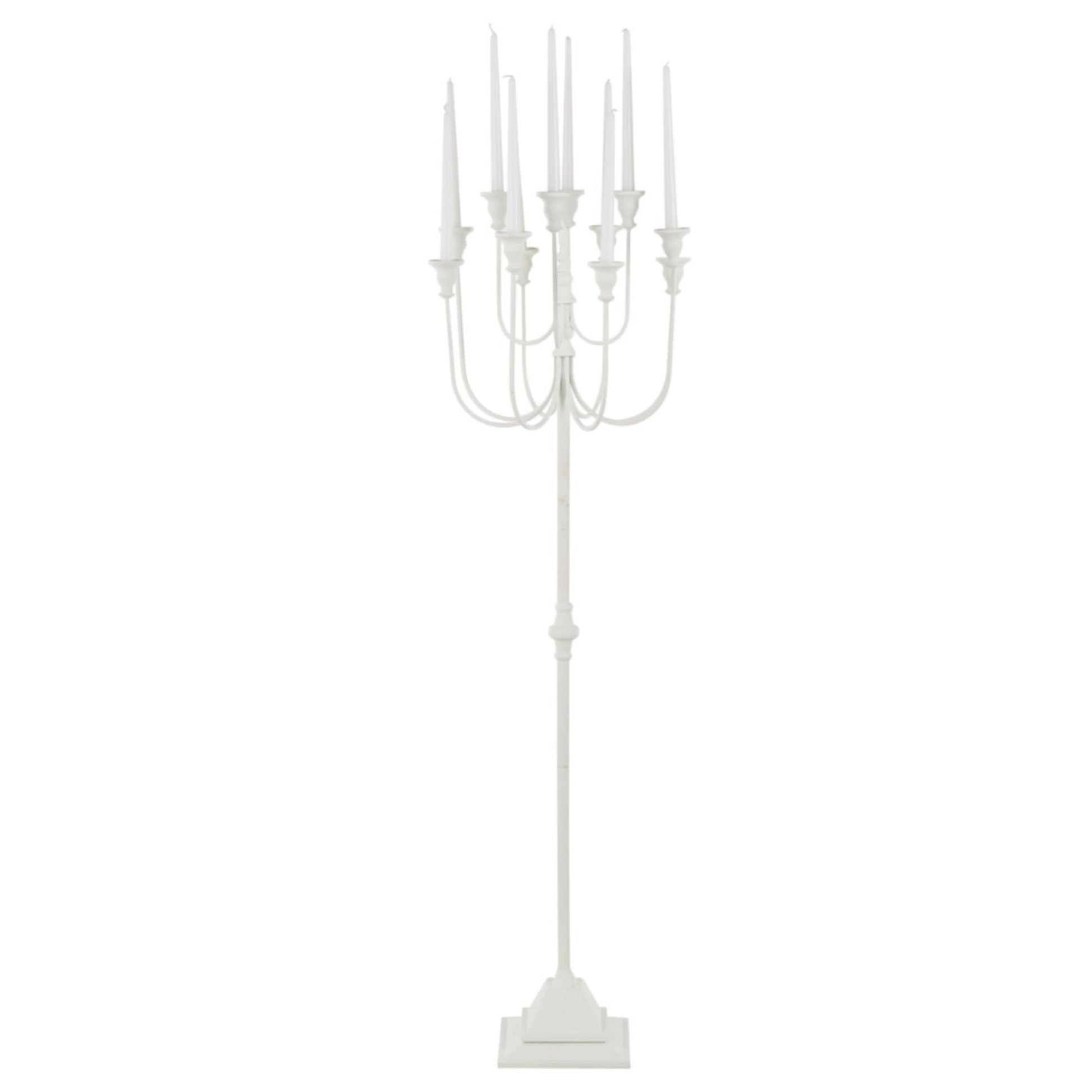 White candelabra with multiple candle holders.