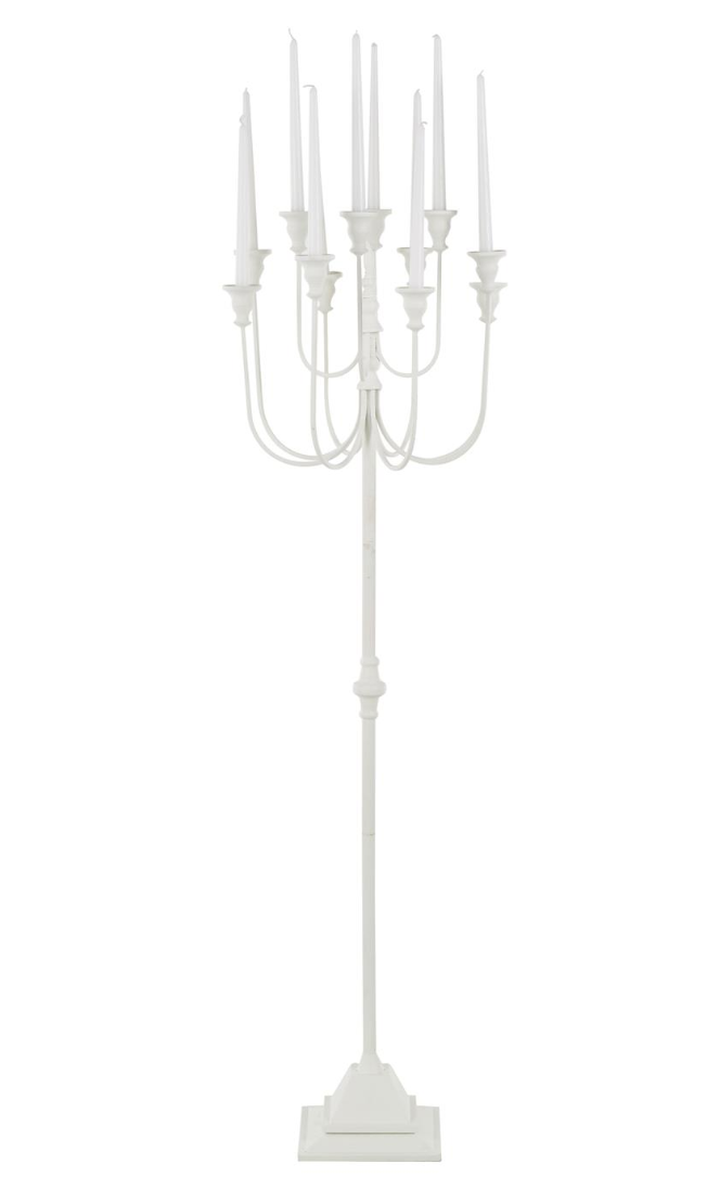 White metal taper candelabra with 12 slots for candles, featuring a matte finish and a rectangular base.