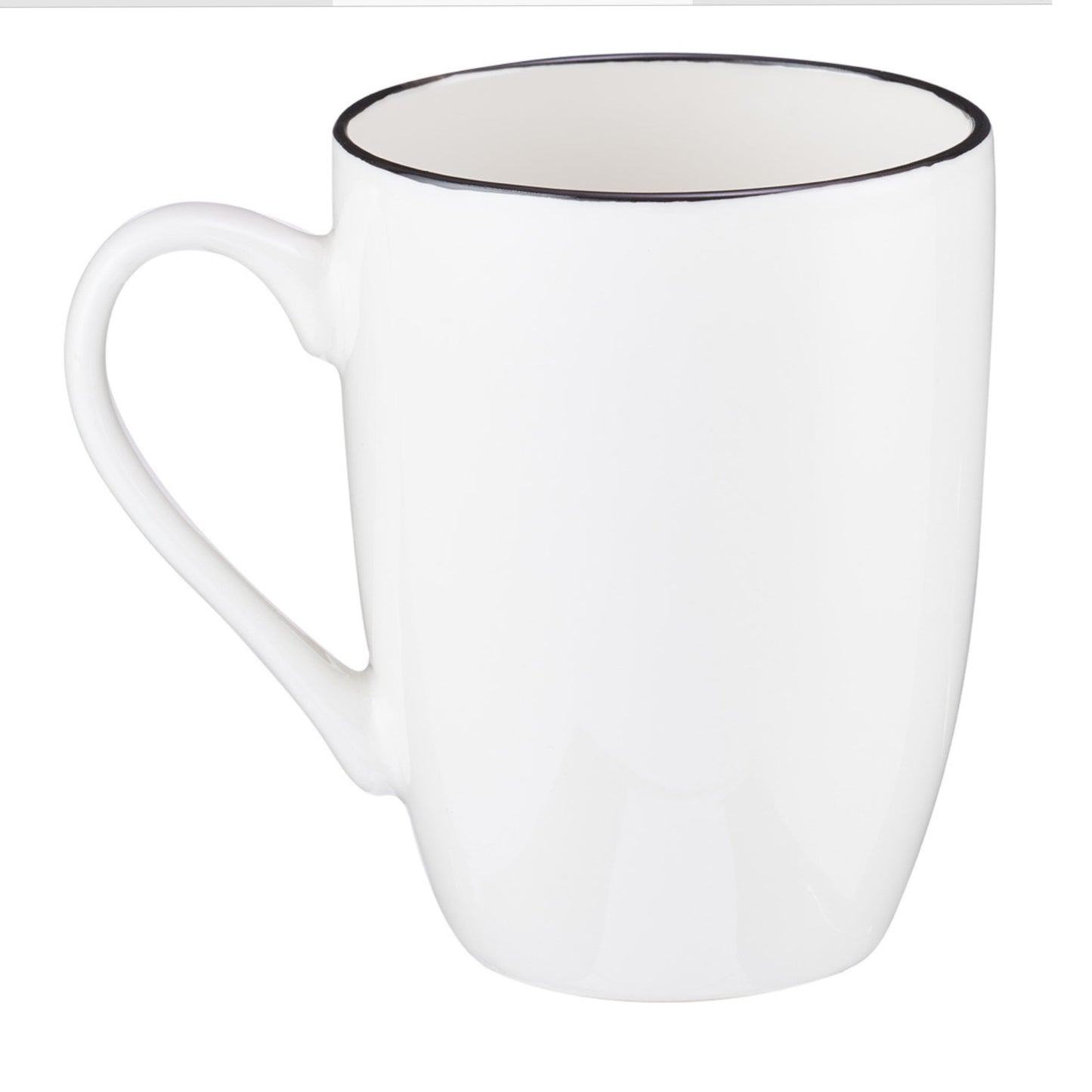 White mug with black rim on a white background