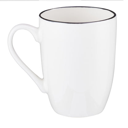 White mug with black rim on a white background