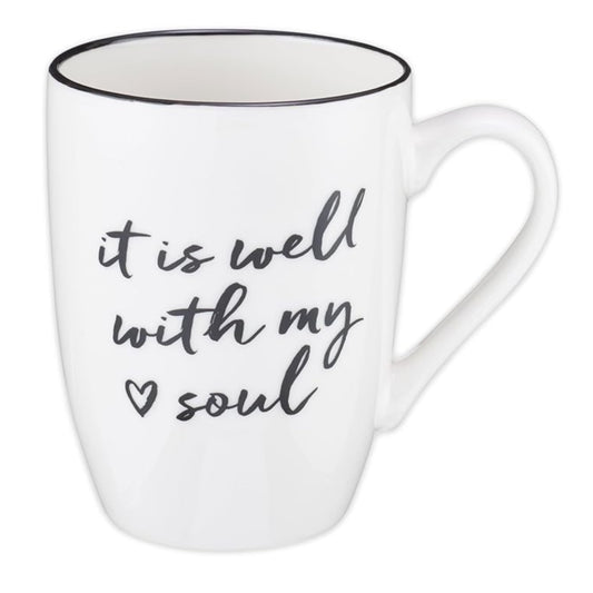 White mug with 'it is well with my soul' text on a white background