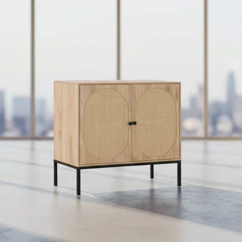Wooden cabinet with rattan doors on a white background