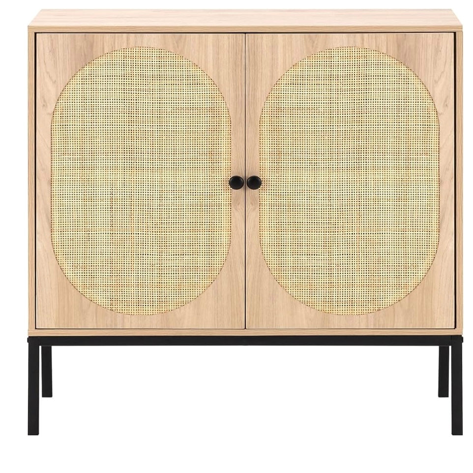 Wooden cabinet with rattan doors on a white background