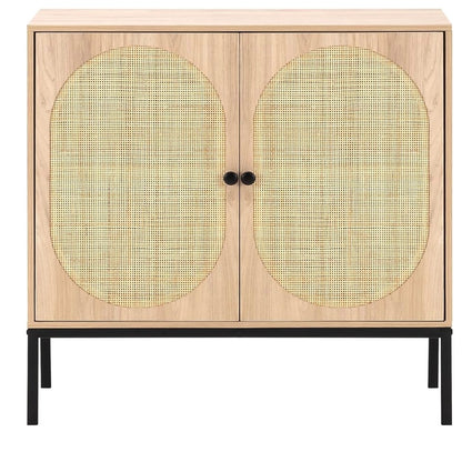 Wooden cabinet with rattan doors on a white background