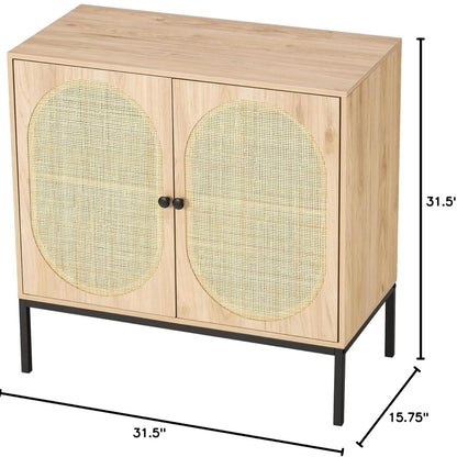 Wooden cabinet with wicker doors and dimensions on a white background