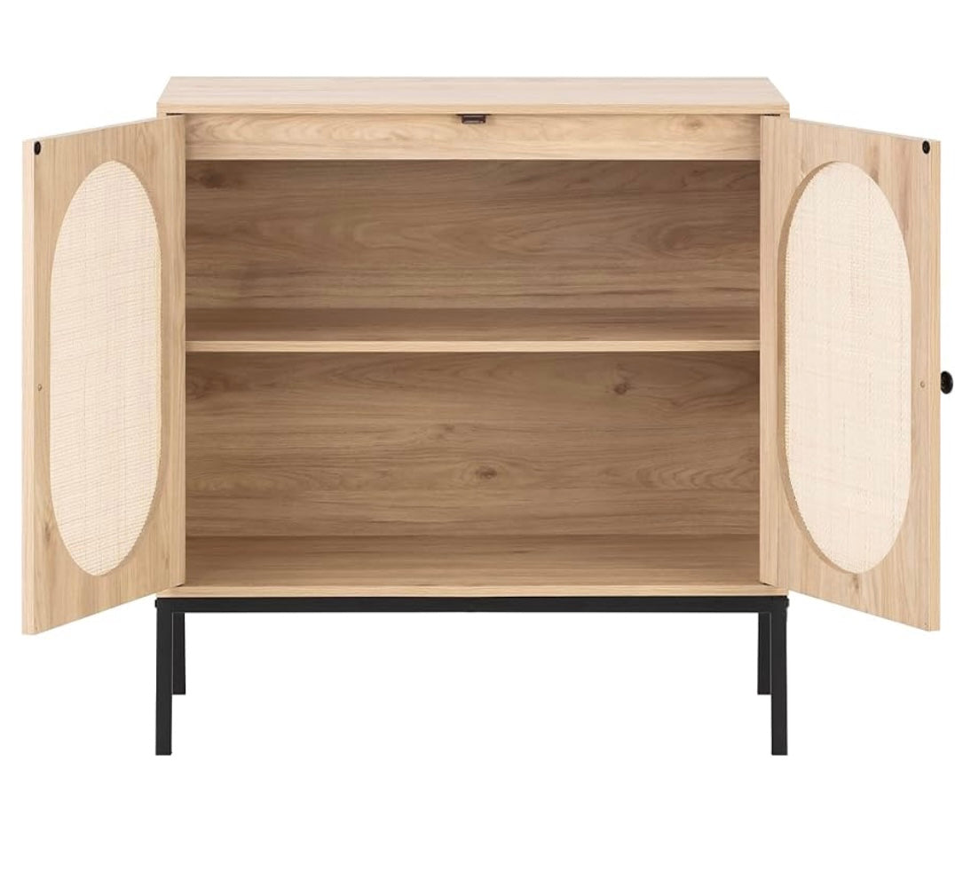 Wooden cabinet with open doors on a white background