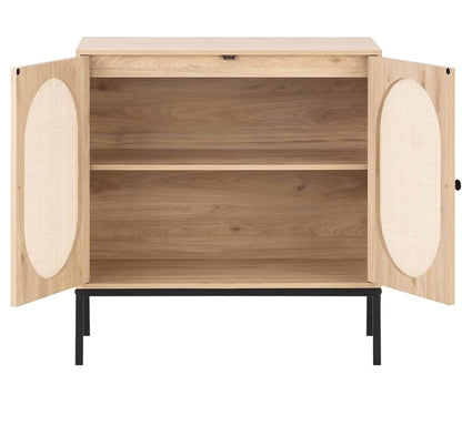 Wooden cabinet with open doors on a white background