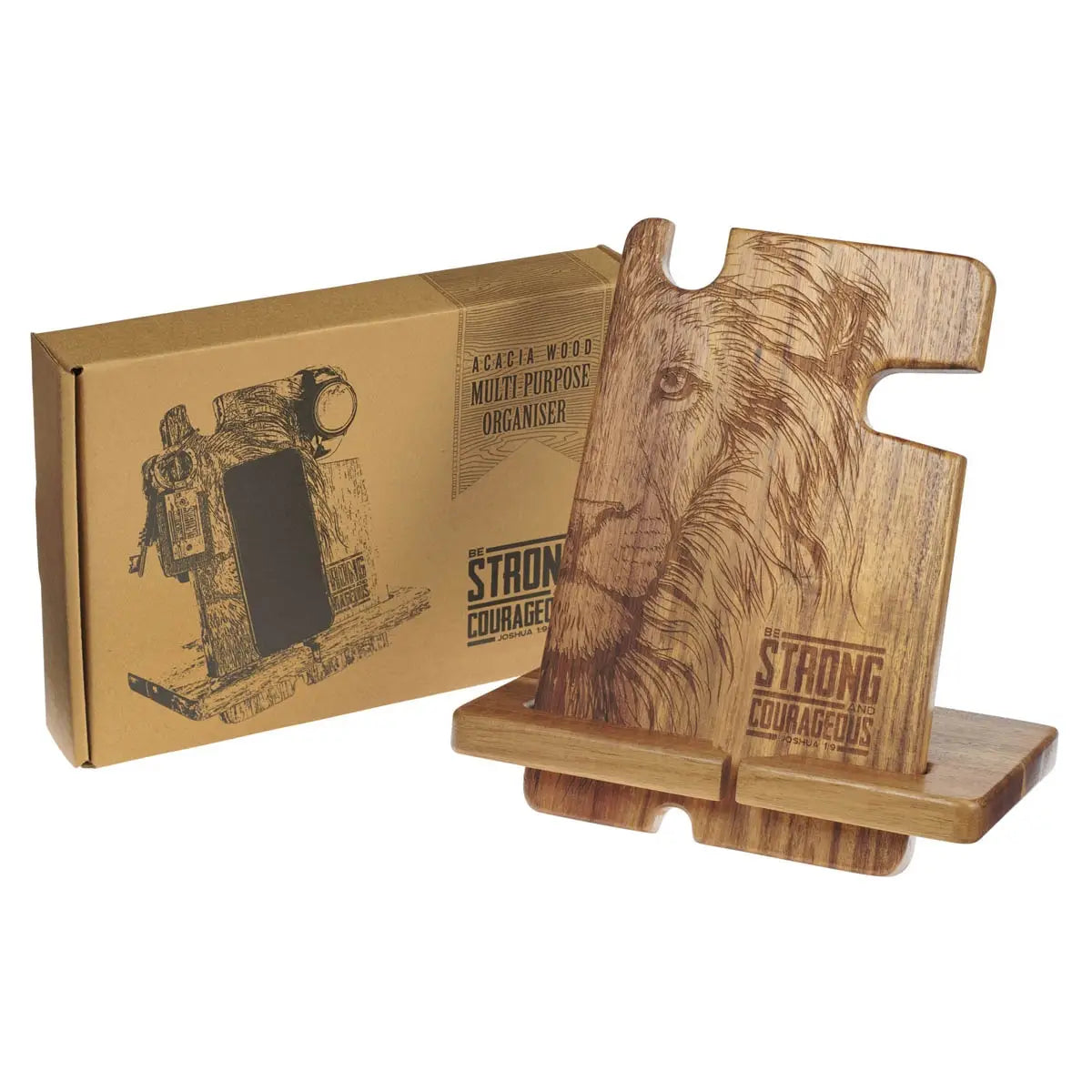 Wooden multi-purpose organizer with lion design and packaging on a white background