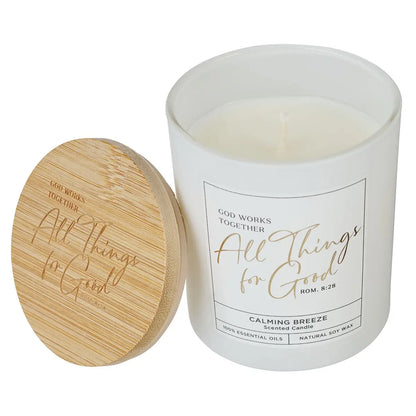 God Works Rom. 8:28 Glass Candle W/Bamboo Lid