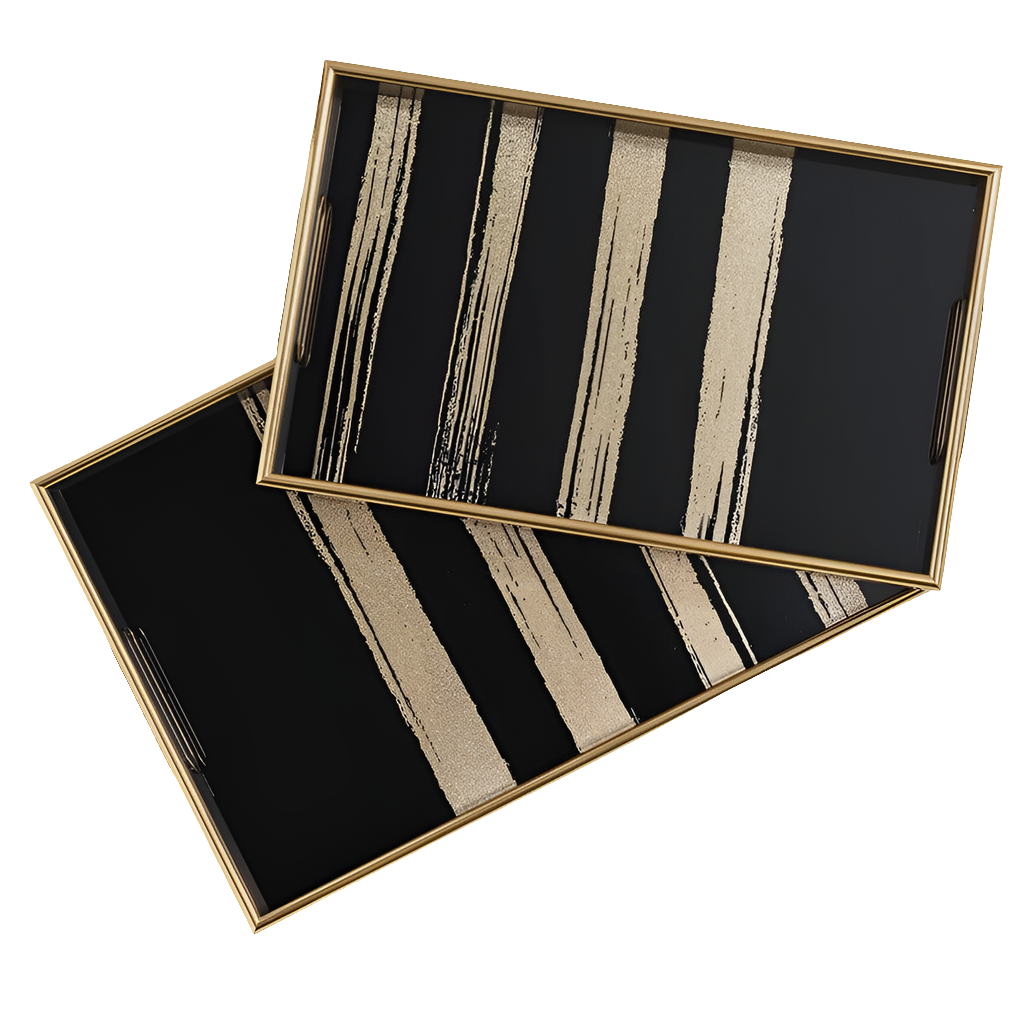 Savoy Black Gold Trim 2 Piece Rectangle Tray Set - Gold Stripe OPEN BOX