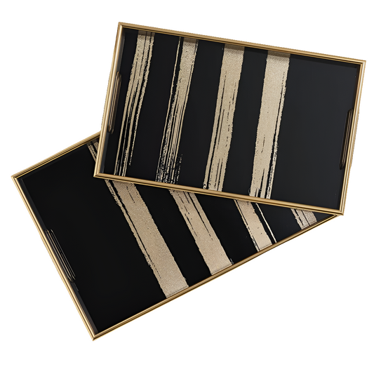 Savoy Black Gold Trim 2 Piece Rectangle Tray Set - Gold Stripe OPEN BOX