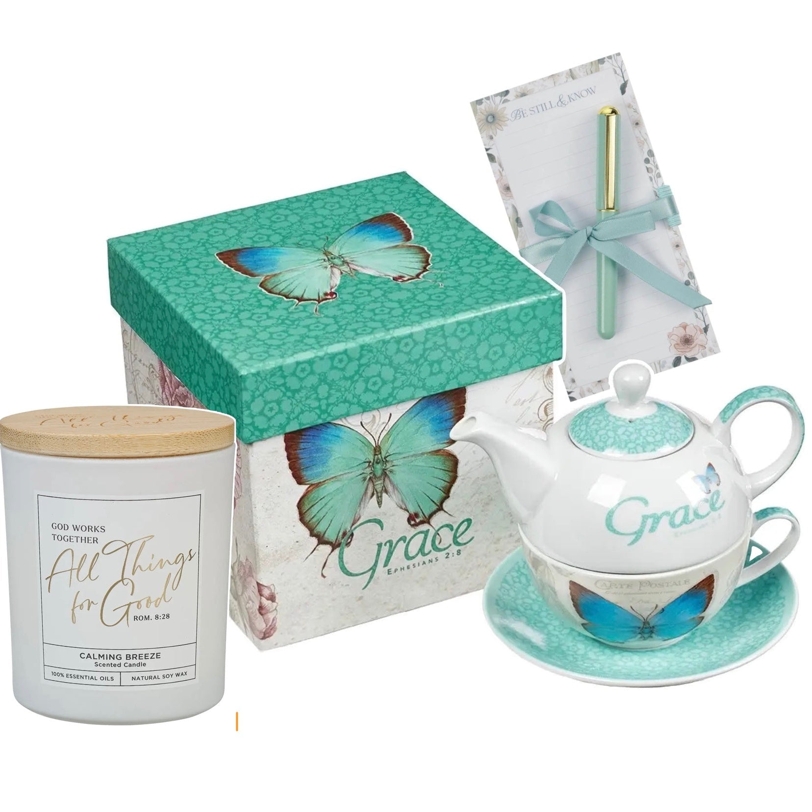 Tea set with 'Grace' branding, including a teapot, cup, and saucer, on a white background.