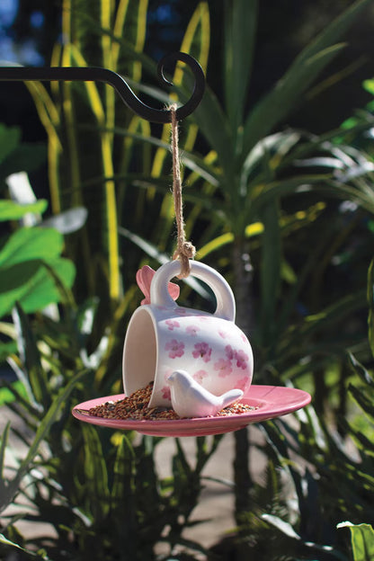 Ceramic Pink Tea Cup & Saucer Bird Feeder
