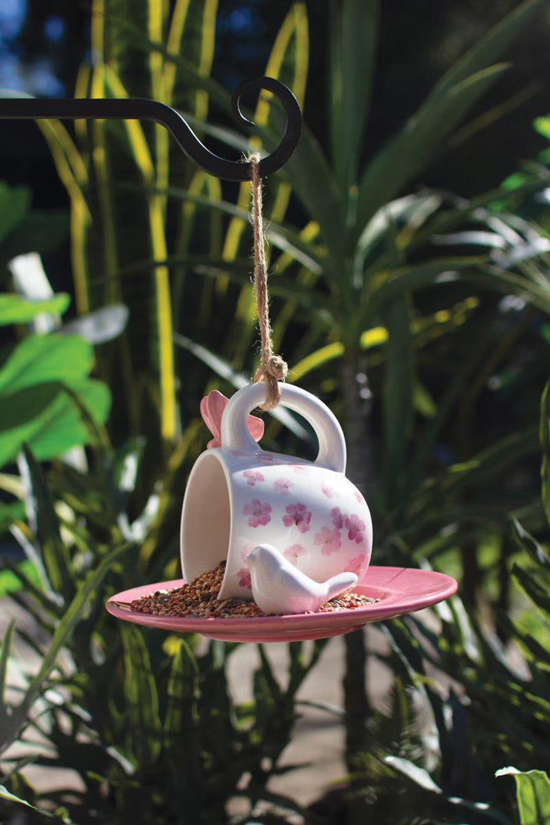Ceramic Pink Tea Cup & Saucer Bird Feeder