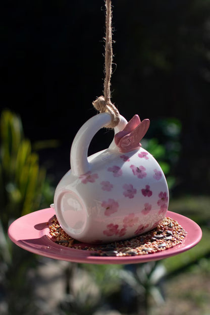 Ceramic Pink Tea Cup & Saucer Bird Feeder